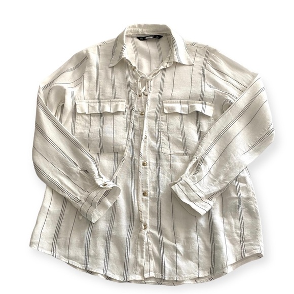 Zara Basic Black White Striped Linen-blend Top Shirt XS Officecore Oversized - Picture 4 of 13